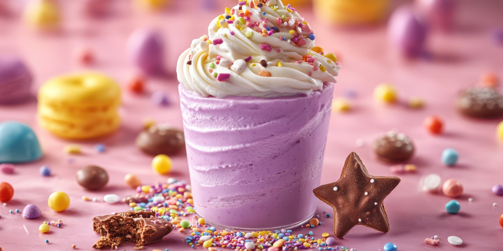 Colorful dessert treat with whipped cream and sprinkles on a vibrant backdrop of candies
